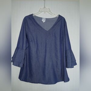 Naif Blouse Blue Denim Stretch V-neck With Bell Sleeve.